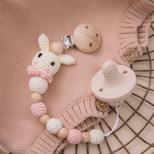 1 pcs Wooden Baby Pacifier Chain Crochet Teeting Chains Rabbit Wood Clips Handmade Pacifier Holder Teether Gift for Newborn