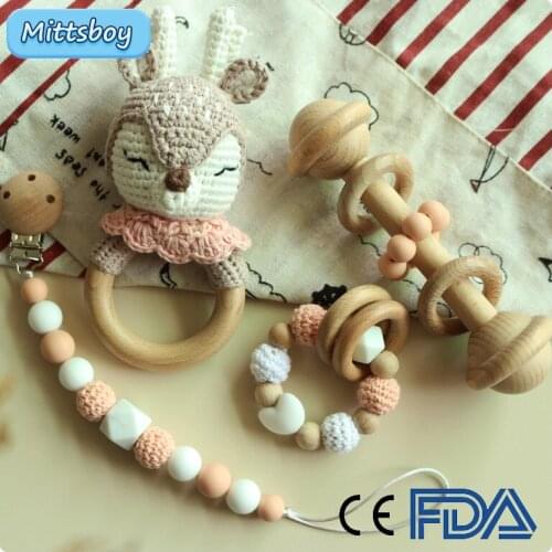 2021 DIY Baby Teether Safe Wood Cartoon Deer Toys Mobile Pram Crib Ring Crochet Rattle Soother Bracelet Teether Set Newborn Gift