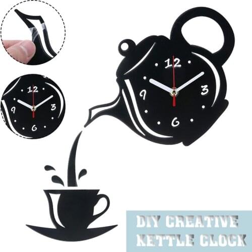 3D Acrylic Mirrors Teapot Clock Sticker Coffee Cup Teapot Wall Sticker Decal With Clock Movement For Living Room Wall Decor