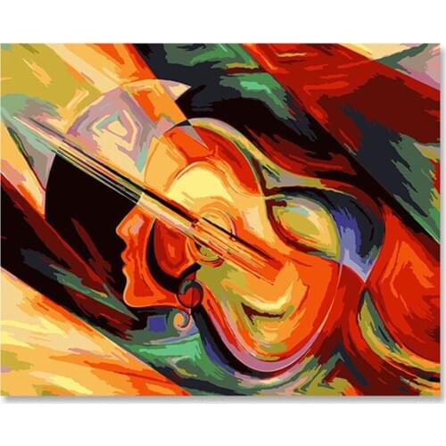 Abstract beauty guitar, musical instrument, DIY digital oil painting, sea view decoration, European style sunset color