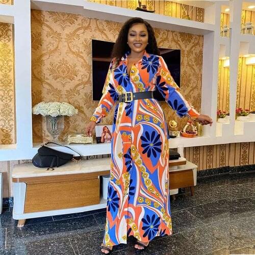 African Digital Print Dresses Women Print Long Sleeve Sashes Boubou Dashiki Clothes Abaya Dubai Robe Africa Long Dress