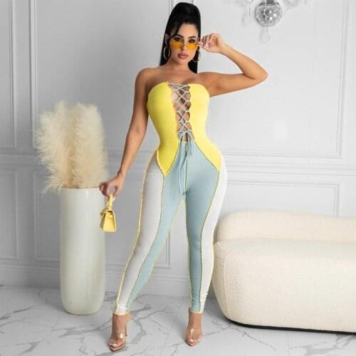 BKLD Jumpsuit Women Summer 2021 New Sexy Party Clubwear Bandage Lace-Up Hollow Out Strapless Patchwork One Piece Outfits