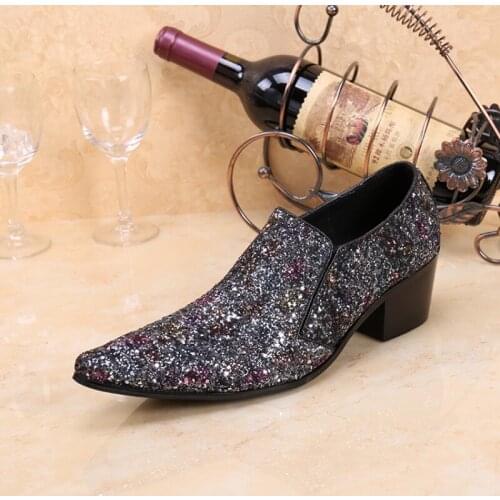 Christia Bella British Style Man Dark Grey Sequins Genuine Leather Shoes Plus Size Male Highten Shoes Mens Party Dress Shoes