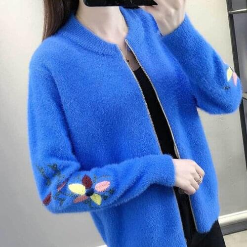 Fad Solid Warm O-Neck Womans Knitted Cardigans Long Sleeve Female Sweater Floral Print Casual Ladies Cardigan with Zipper