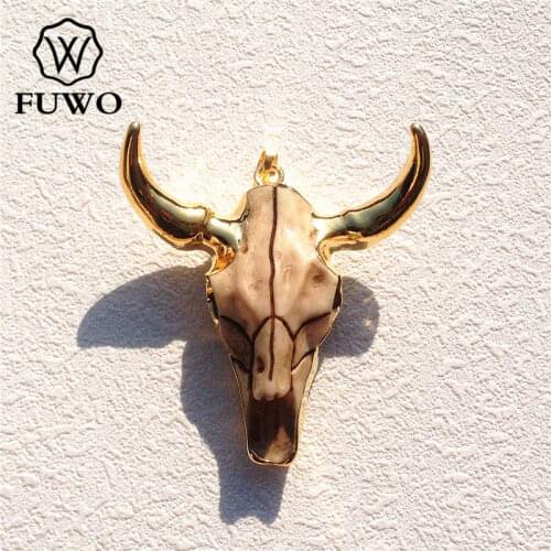 FUWO Longhorn OX Cattle Skull Pendant 24K Gold Electroplate High Quality Tombstone Charm Vintage Western Jewelry Wholesale PD056