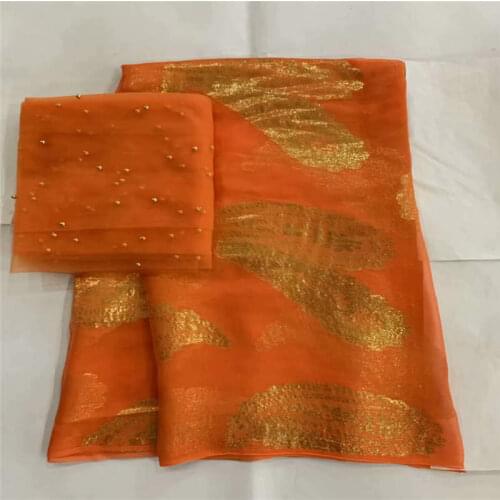 Hot Sale High Quality African Metal Silk Fabric 5 Yards+ 2 Yards Chiffon African Silk Fabric For Ladies Party Clothing! LXF61512