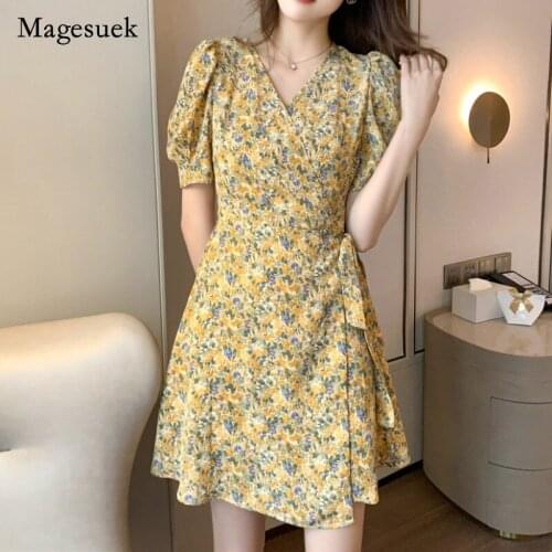 Summer Retro 2021 New Women Dress Print V-neck Belt Cotton Dress for Women Sweet French Slim A-line Short Sleeve Vestido 15205