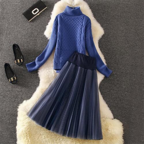 Fashion New Sets Casual Turtleneck Sweaters and Pullovers Plus Size Mesh Skirts Two Piece Set Autumn Winter Twinset Women f2900