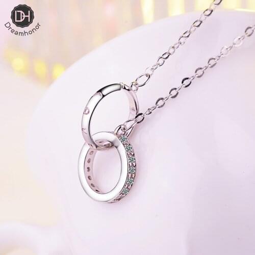 Dreamhonor Fashion Double Circle With Crystal Zirconia Pendant Charm Choker Necklaces Jewelry 925 Silver Chain Necklaces