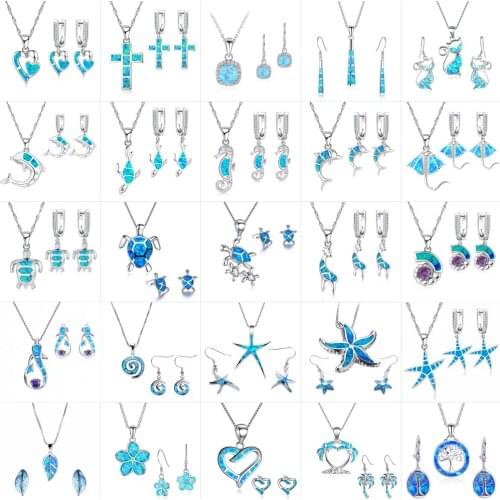 Fashion Opal Jewelry Set For Women Imitation Blue Fire Opal Cut Turtle/Cat Pendant Necklace Earrings Jewelry