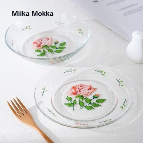 New Snack Plate Rose Glass Plate Girl Heart Dessert Plate Vegetable & Fruit Plate Salad Bowl Plate Korean Ins