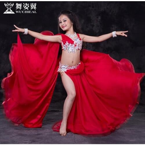 2018 New Limited Belly Cotton Dance Skirt Wuchieal Brand Kids Girls Costumes Top Bra+skirt Suits For Performance 107