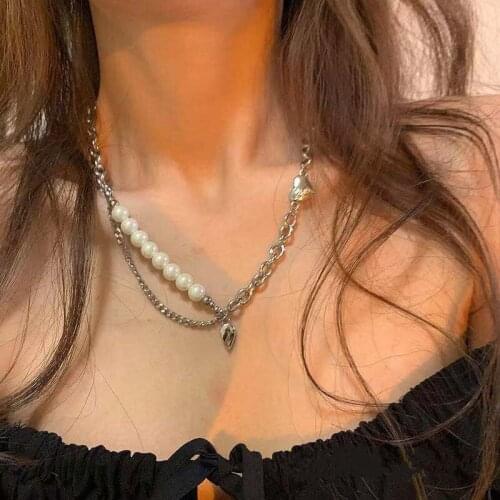 2021 New Fashion Metal Love Pearl Stitching Chain Necklace Women Collar Wedding Punk Choker Necklaces Trendy Fine Jewelry Gift