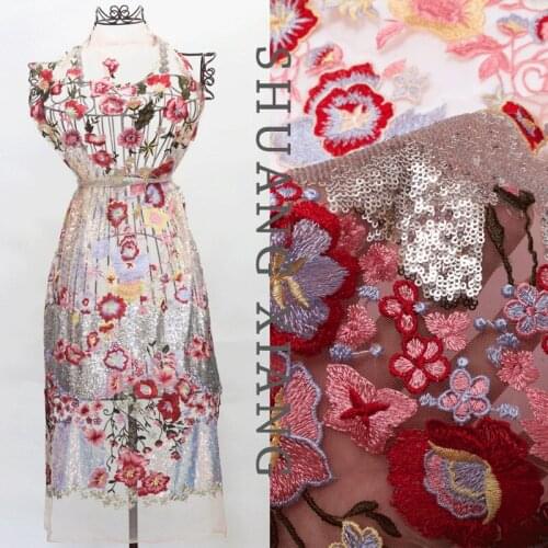 New Sequin embroidered mesh lace fabric mixed color with AB sequins embroidery dress lace fabric Womens dress