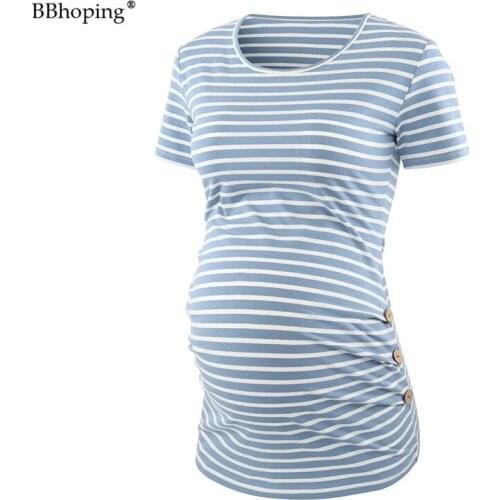 Mama Maternity Clothes Maternity Shirt Round Neck Short Sleeve Side Ruched Striped Pregnancy Clothes Fit Flattering Pregnant Top
