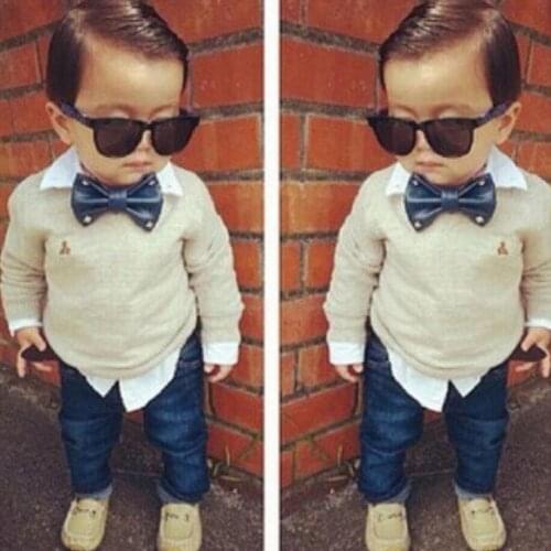 Kids baby clothes toddler boys sets autumn gentleman bow patchwork Fake two-piece suit tops solid jeans boys sets 2pcs 2-7T