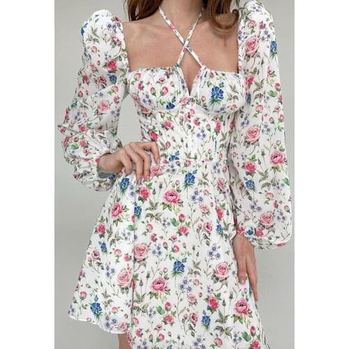 Puloru 2021 Fall Elegant Floral A-Line Vestidos Womens Long Puff Sleeve Halter Wrap Mini Dress Party Daily Office Lady Dress