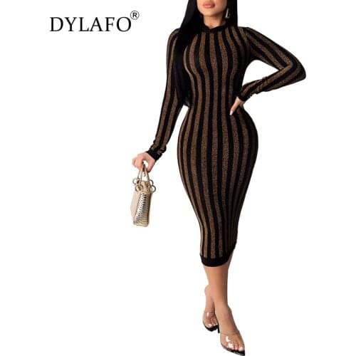 Sexy O Neck Full Sleeve Striped Women Dress Metallic Glitte Zip Stretch Night Club Bodycon Party Dress Midi Dress Silk Dresses