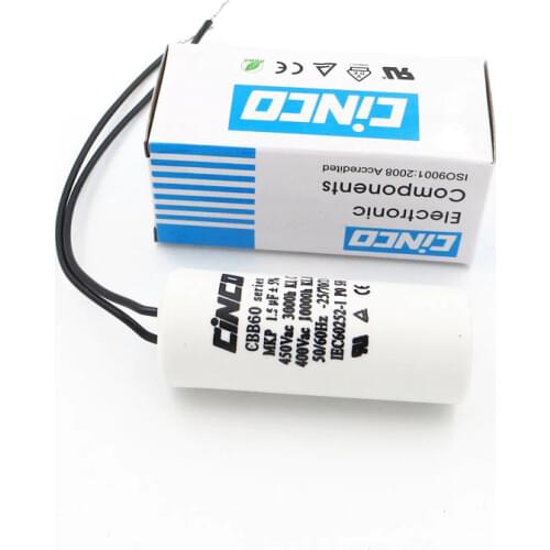 CBB60 Motor Run Capacitor wire 1.5UF 400V 450V SH DB Polypropylene Film Ac 450VAC Water Pump electrical engine 1.5mfd 1.5mf