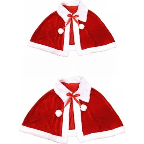Women Girls Christmas Cape Thicken Velvet Warm Red Short Santa Cloak Shawl with Plush Collar Pompom Cosplay Costume