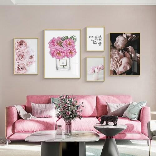 Pink Flowers Peony Perfume Wall Art Canvas Painting Nordic Posters and Prints Wall Pictures for Living Room Modern Home Decor