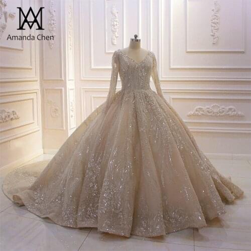 Mariage Long Sleeve V-neck Low Back Champagne Wedding Dress 2019