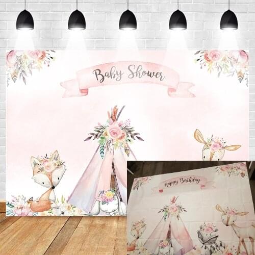 Mehofoto Woodland Baby Shower Birthday Backdrop Flower Boho Teepee Photography Backdrop Fox Woodland Newborn Baby Birthday Party