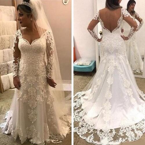 Vintage Slim Mermaid Lace Appliques Long Sleeves Wedding Dresses 2020 Sexy Backless Formal Bridal Gowns Modest Customized Vestid