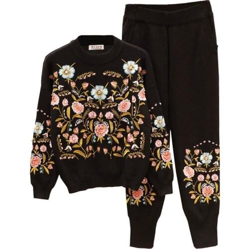 Autumn Winter Fashion Tracksuit Women 2 Piece Set Beaded Embroidery Flowers Knit Sweater Casual Harem Pants Female Knitted Suit