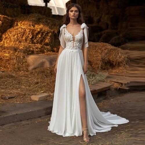 Magic Awn Wetsern Country Chiffon Wedding Dresses 2021 Lace Appliques Bow Straps Boho Mariage Gowns Side Split Robe De Mariée