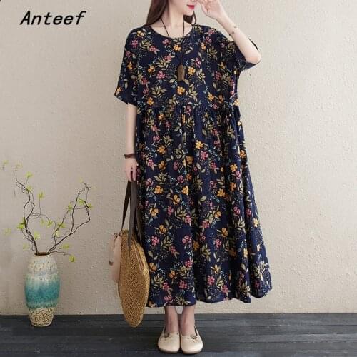 Short sleeve cotton vintage floral dresses for women casual loose long woman summer dress elegant clothes 2021