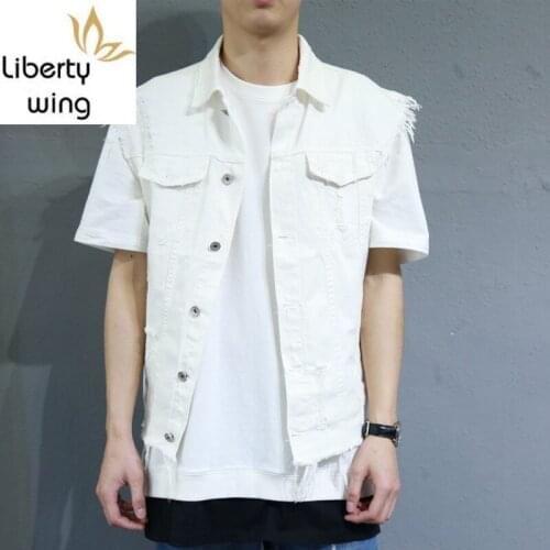 Summer Solid Hole Ripped Tassel Waistcoat Hip Hop Cowboy Biker Vest Male Pockets Button Loose Fit White Coat for Men Outwear