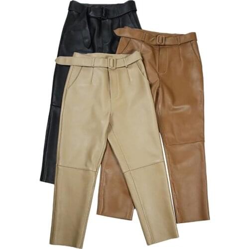 Spring Genuine Sheepskin Leather Pants Trousers Women High Waist Cargo Pants Black Brown Khaki Woman Ladies Pencil Ankle Trouser