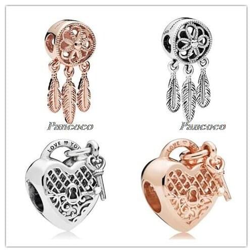 925 Sterling Silver Bead Charm Vintage Openwork Love Heart Lock & Key Bead Fit Pandora Bracelet & Necklace Diy Jewelry