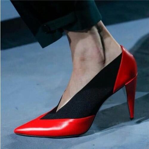 Spring Autumn Mixed Leather High Heel Shoes Patchwork Deep V Style Pointed Toe Shallow Dress Shoes Low Cut Banquet Party Shoes