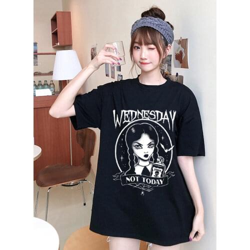 Harajuku Gothic Punk Wednesday Print Graphic Tumblr Tops Summer Kpop Casual Loose Short Sleeve O-Neck Grunge Black Women T-Shirt