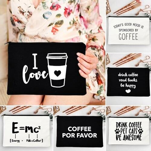 I Love Coffee Women Makeup Bags Canvas Cosmetic Zipper Pouch Simple Fashion Toiletries Organizer Travel Make Up Storage Bag