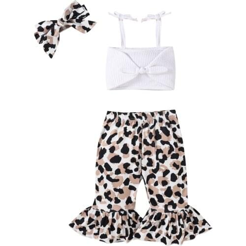 3-24M Baby Girls Clothes Set Infant Solid Color Cropped Tops Leopard Print Flared Trousers Bow-knot Headband 3pcs Outfits