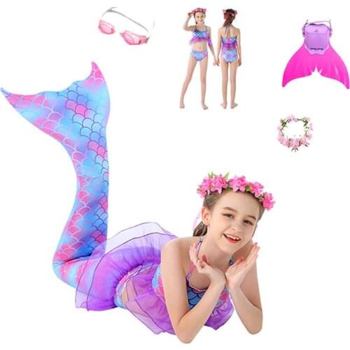 2021 Mermaid Tail Swimming Costumes Cosplay Costume Holiday Beach Clothes Mermaid Swimsuit Kids Swimmable Dresses With Monofin