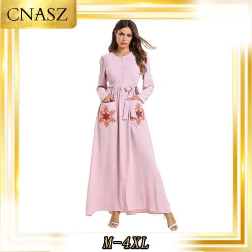 Moroccan Kaftan Muslim Dresses large size Fashion Pink Princess Autumn Dress Embroidered Musulmane Femme Dress