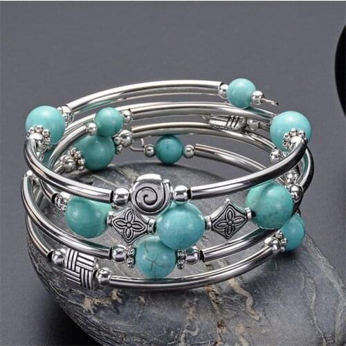 Boho Style Turquoise Stone Layered Bracelet Multi-layered Wrap Bangle for Women Metal Jewelry Beaded Stack Around Bracelet JDK40