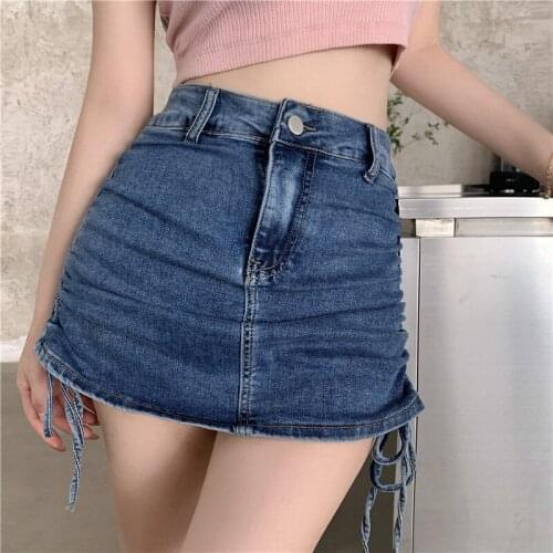 Korean Fashion Women Clothing Drawstring Elasticity Cowboy Skirts Summer High Waist Thin All-Match Sexy Package Hip Short Skirt
