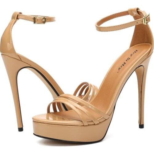 Fashion 13.5CM Thin High Heels Women Sandals Shoes Women Patent Leather Buckle Strap Round Toe Dress Party Wedding shoes women