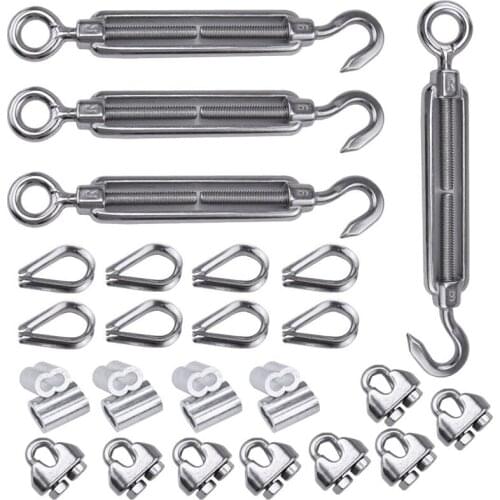 4 Pack 1/8 Inch Cable Railing Kit Included Stainless Steel Hook Eye Turnbuckle Tension Wire Rope Cable Clamp Thimble