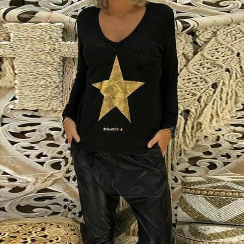 New Fashion T shirt Women Sequins O-Neck Five-pointed star Tops Tees Female Long Sleeve Street Ladies Plus size code S-5XL