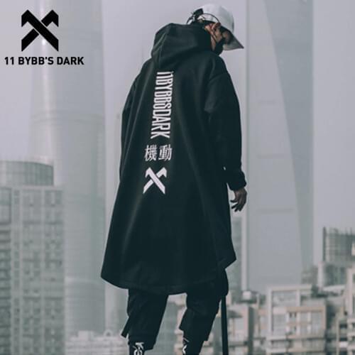 11 BYBBS DARK Letter Embroidered Hip Hop Cloak Long Jacket Men Casual Streetwear Harajuku Pockets Turtleneck Trench Coats Male