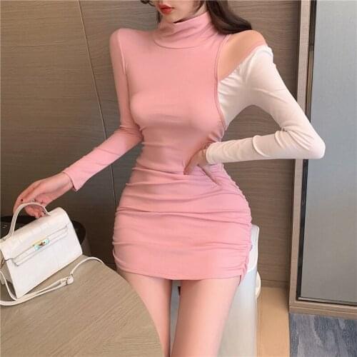 Sexy party dress 2021 Sexy Summer dress Women Off Shoulder Pullovers dress for Long Sleeve Turtleneck Female Pink Clothing