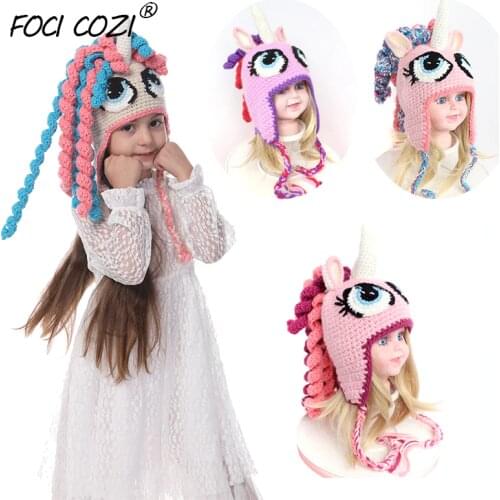 2019 New Unicorn Knit Hat for Girls Cap Animals Kids Winter Hats Cartoon Unicorn Baby Caps Ponytail Beanie Kids Under 6 Year Old