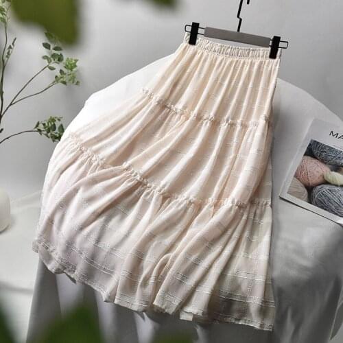 Art Elegant Solid Midi Pleated Skirt Women 2020 Spring Summer Ladies Korean Style High Waist A-line Plaid Patchwork Skirt Female