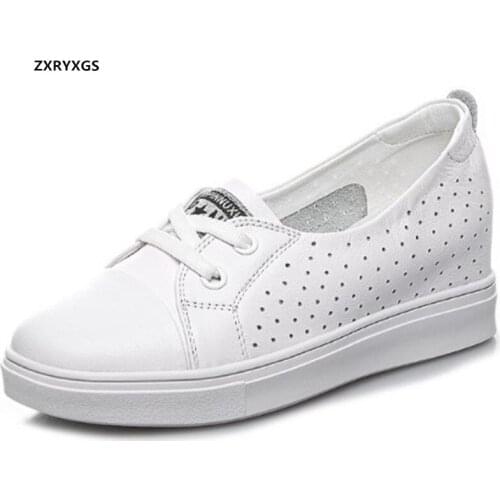 Promotion Top Soft Cowhide Hollow Breathable Leather Shoes Sandals 2020 New Increased Within Wedges High Heel Women Casual Shoes